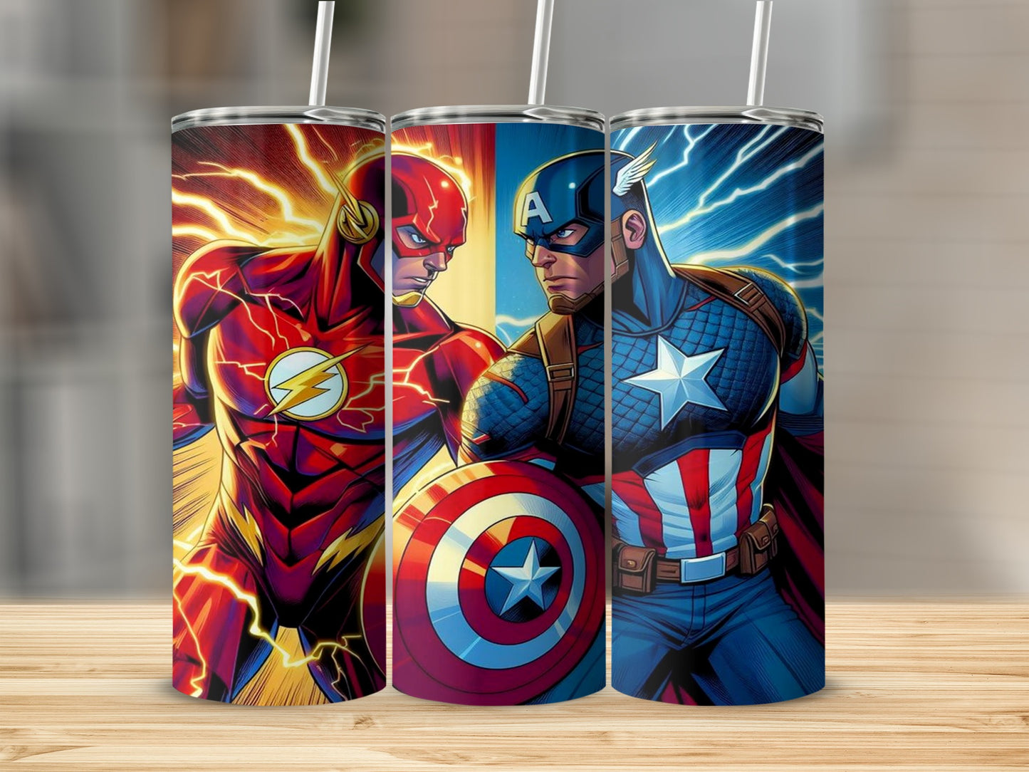 The Flash and Captain America flanking a tumbler.