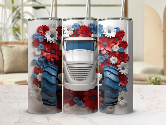 White and blue tractor with red and blue flowers on a tumbler.
