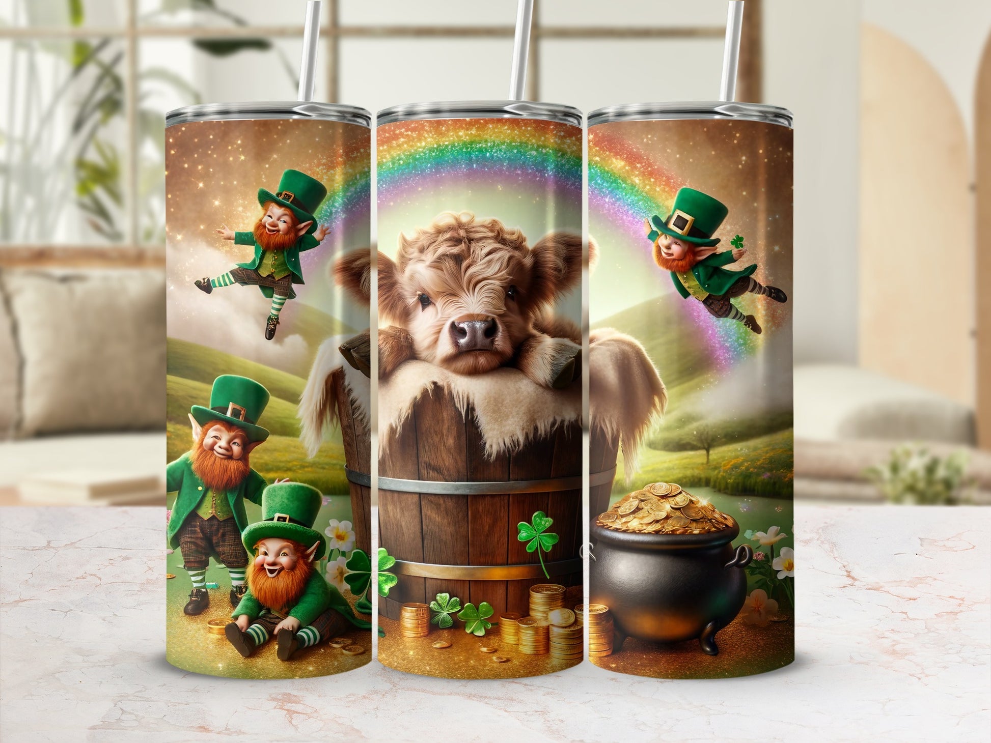 Cow in barrel with leprechauns, pot of gold, and rainbow.