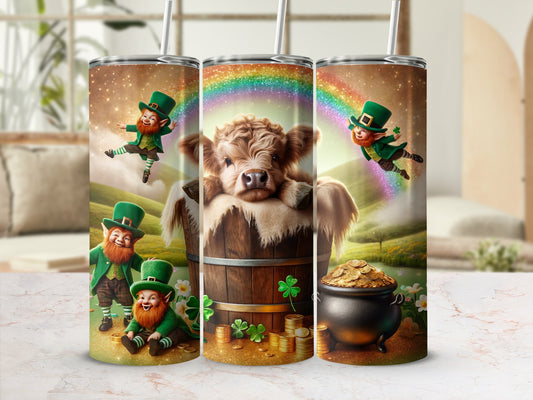 Cow in barrel with leprechauns, pot of gold, and rainbow.
