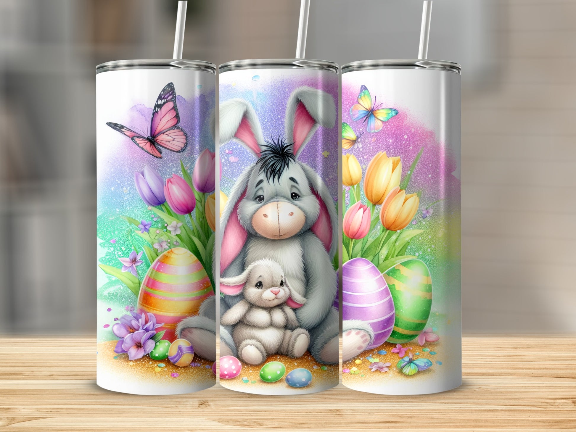 Colorful Easter Bunny and Tulips Mug with Straw