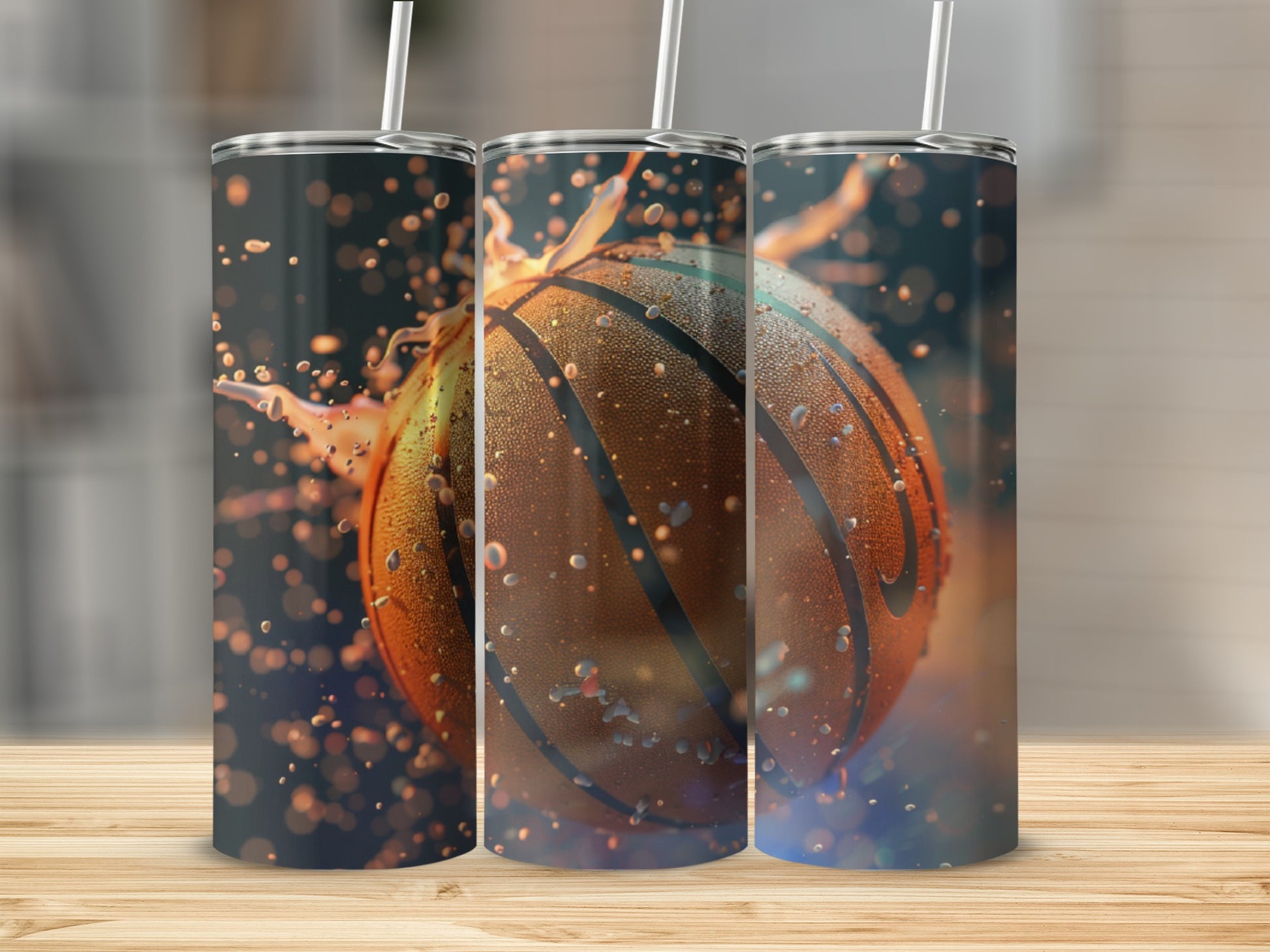 Basketball with water splashes on a tumbler.