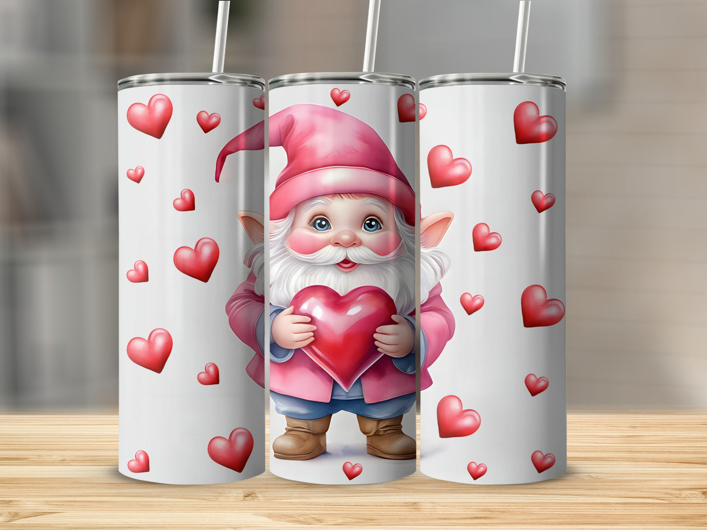 White tumbler with gnome holding pink heart and scattered hearts.