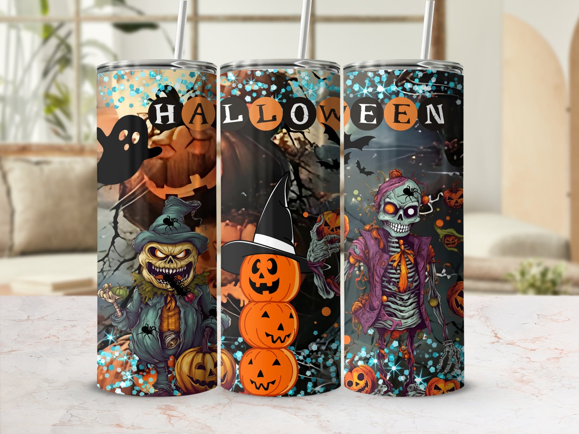 Halloween Themed Tumbler with Ghost and Skeleton Designs