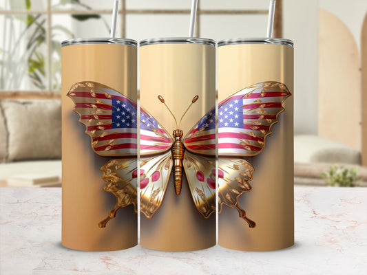 Three tumblers with American flag butterfly design.