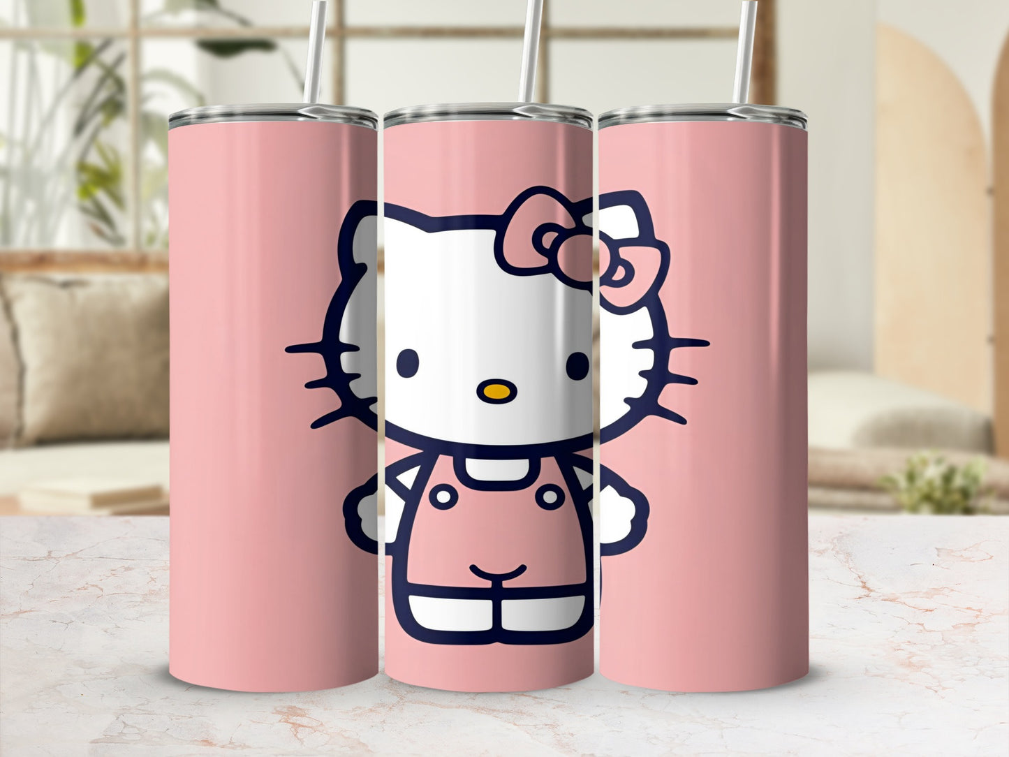 Hello Kitty character on a pink tumbler with a straw.