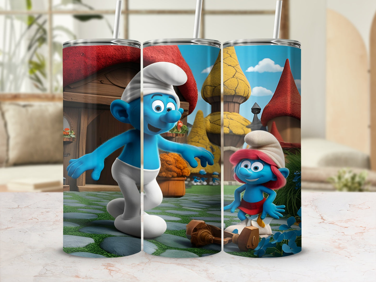 Smurfs with Mushroom houses background, character Smurfette and Smurf.