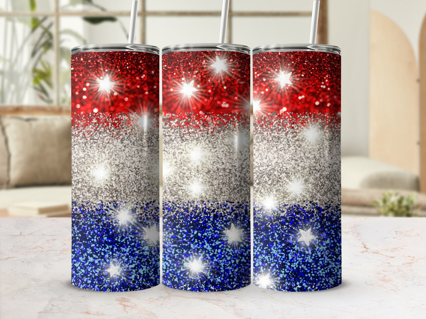 Three glitter tumblers with red, white, and blue stripes and stars.