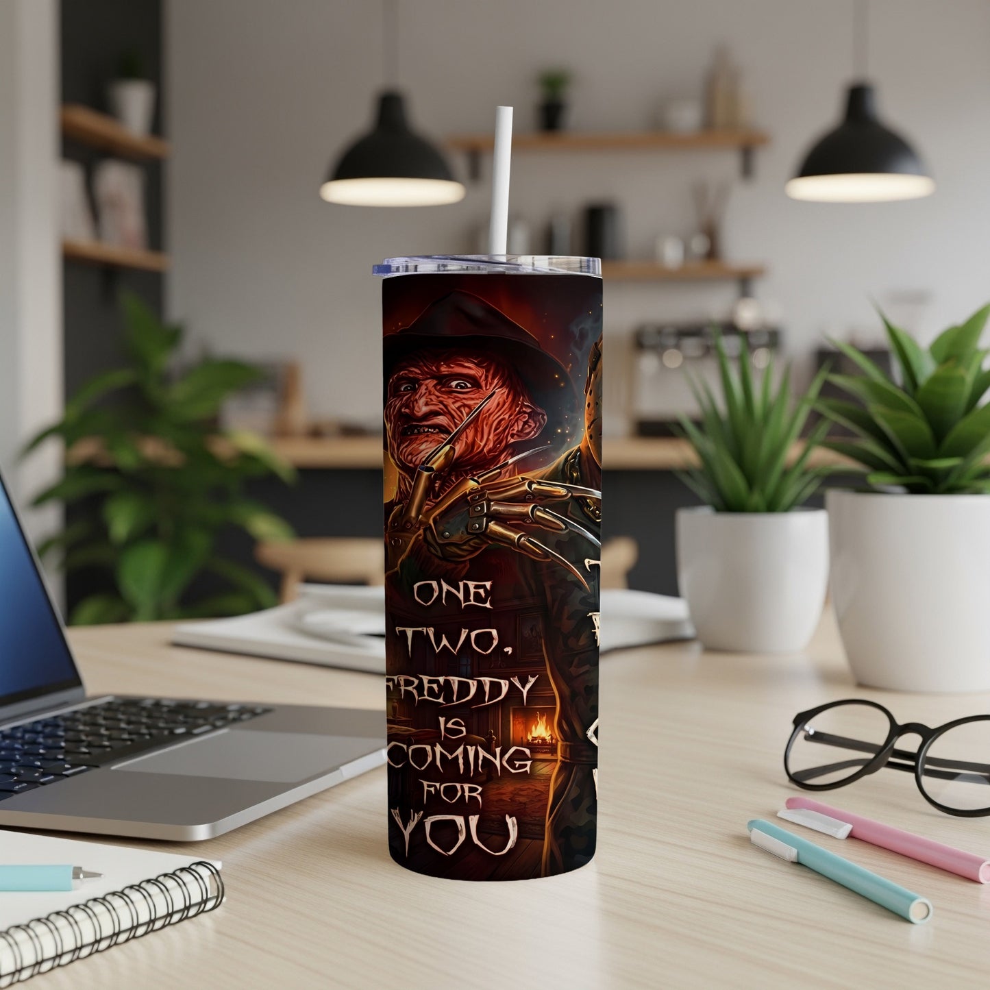 Tumbler with Freddy Krueger and text "One, two, Freddy is coming for you."