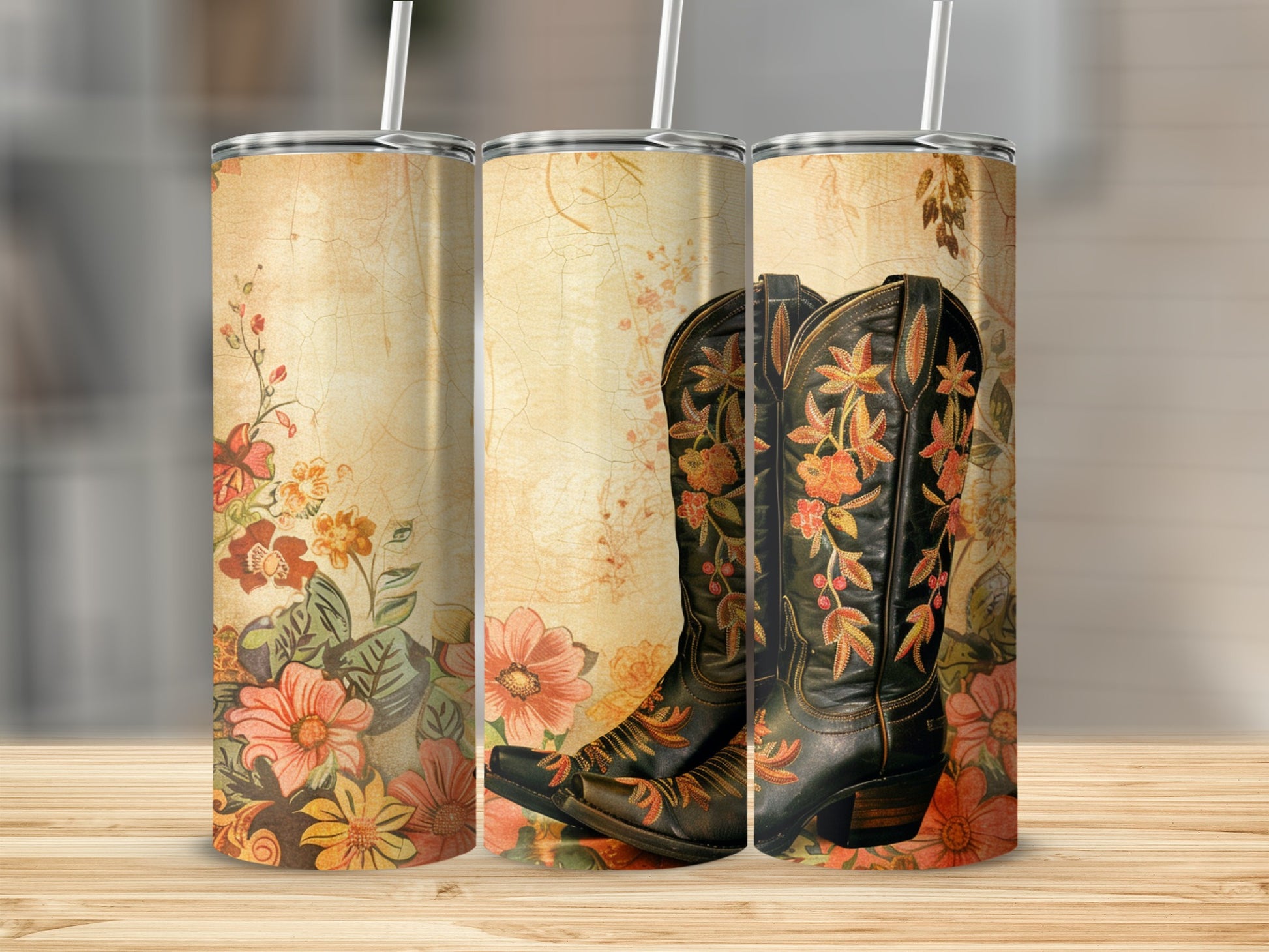 Cowboy boot with floral pattern on a textured background.