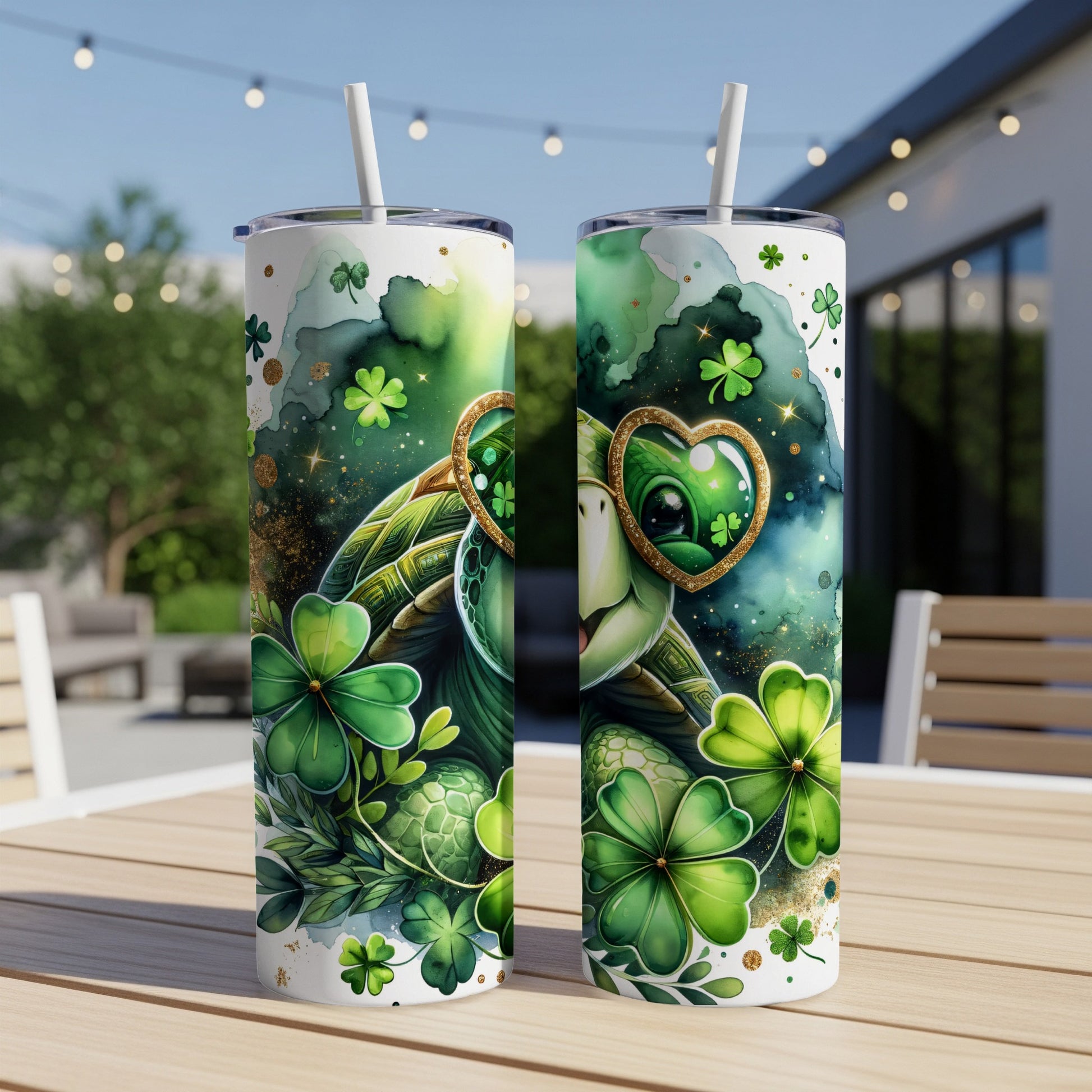 Two Saint Patrick's Day themed tumblers with green shamrocks and a turtle.