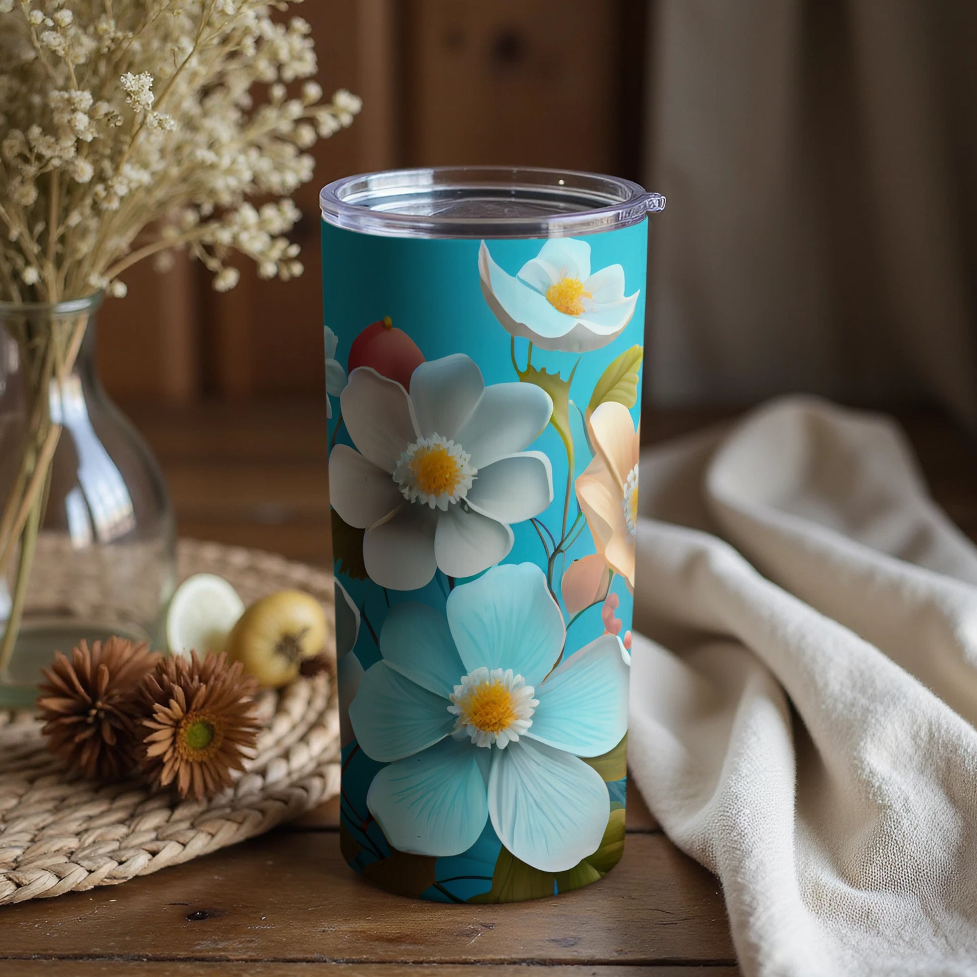 Beautiful Floral Designed Blue Insulated Tumbler