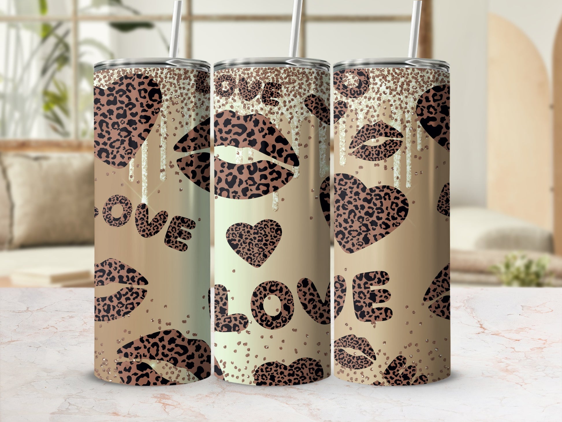 Leopard Print Love and Lips Tall Tumbler with Straw