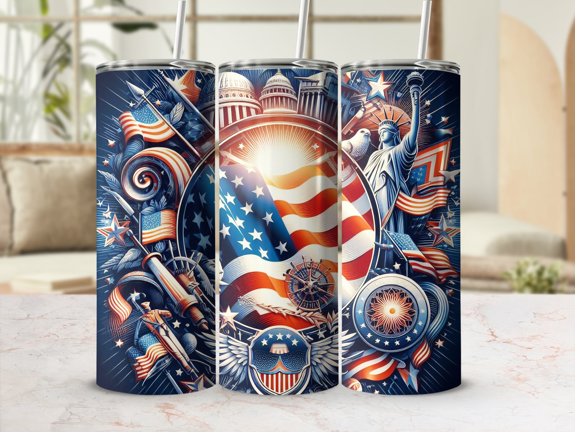 Three patriotic tumblers with American flag, Statue of Liberty, and Capitol dome designs.
