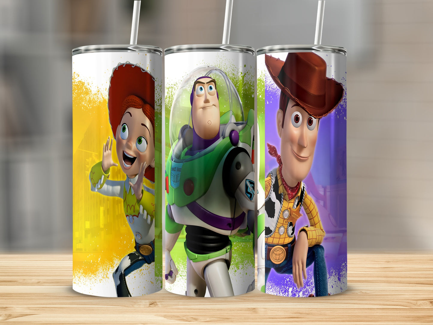 Jessie, Buzz Lightyear, and Woody from Toy Story on insulated tumblers.