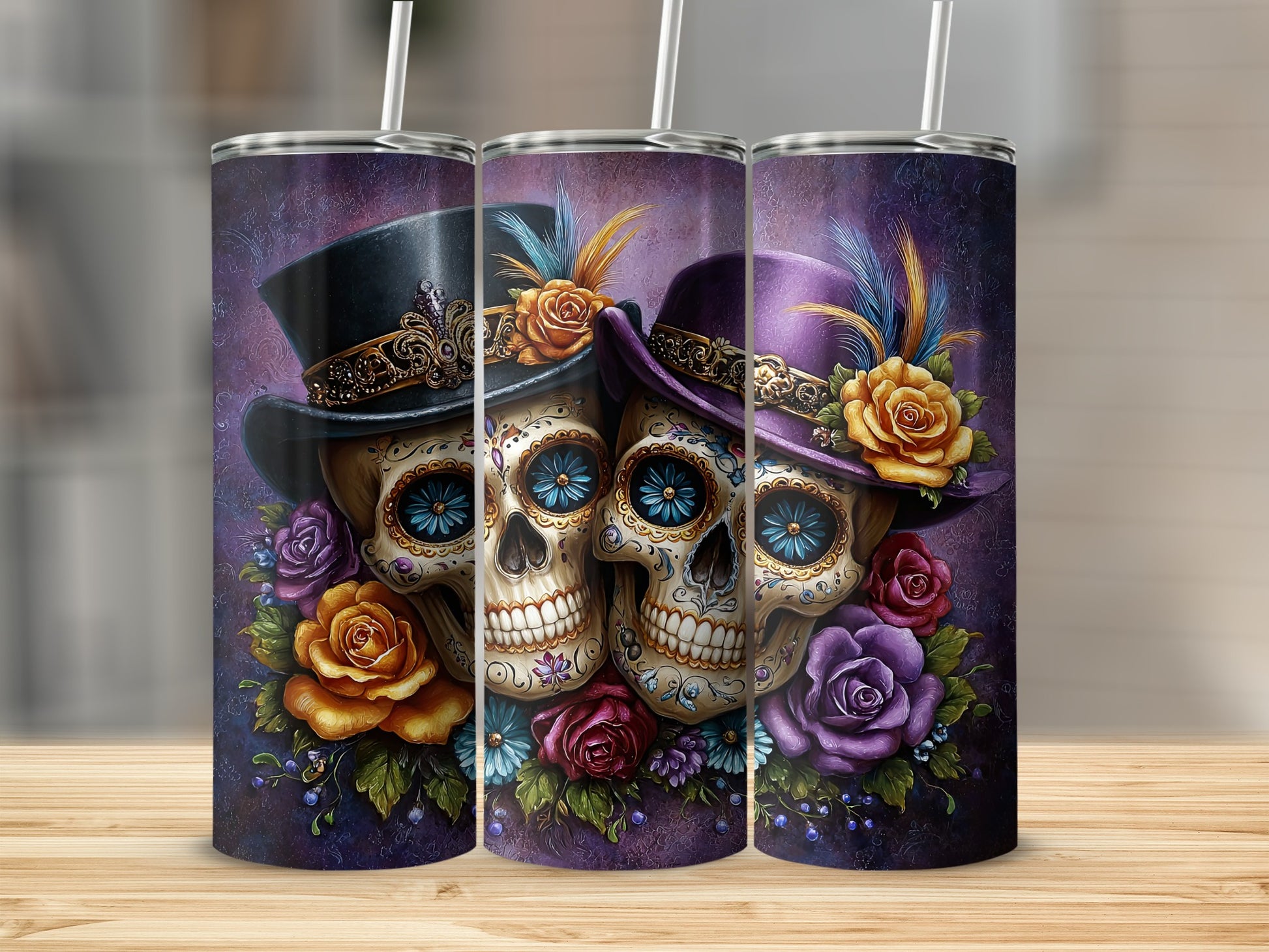 Colorful Floral Sugar Skull Tumbler with Top Hats