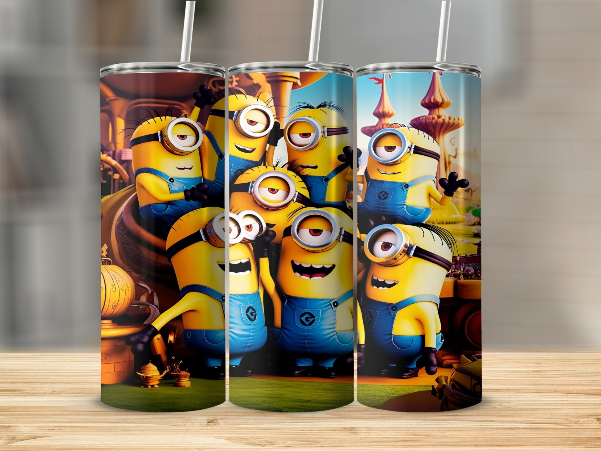Minions from Despicable Me on a tumbler with a rural background.