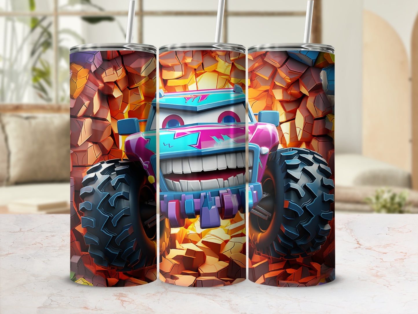 Colorful Monster Truck Design Artwork on Tumbler