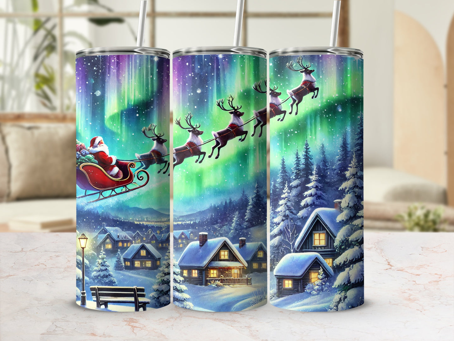 Santa Flying over Aurora Borealis Tumbler Product