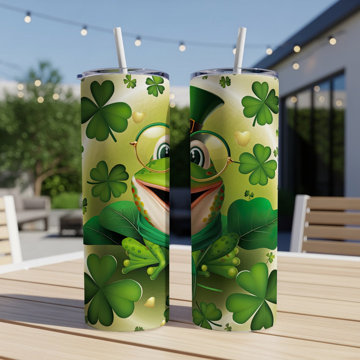 St. Patrick's Day frog tumbler with shamrocks and gold hearts.