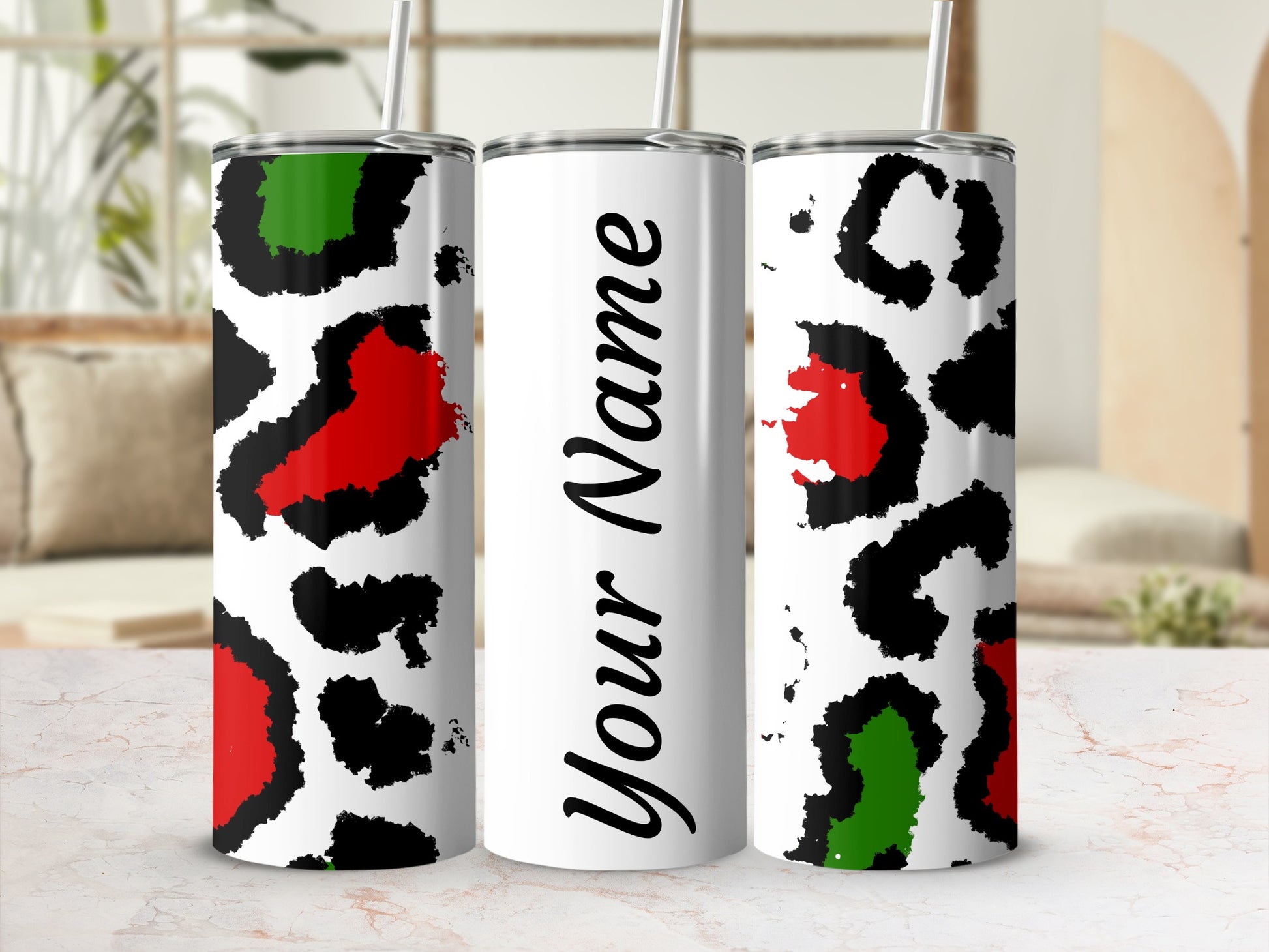 Personalized Red Green Black Leopard Spots Tumbler