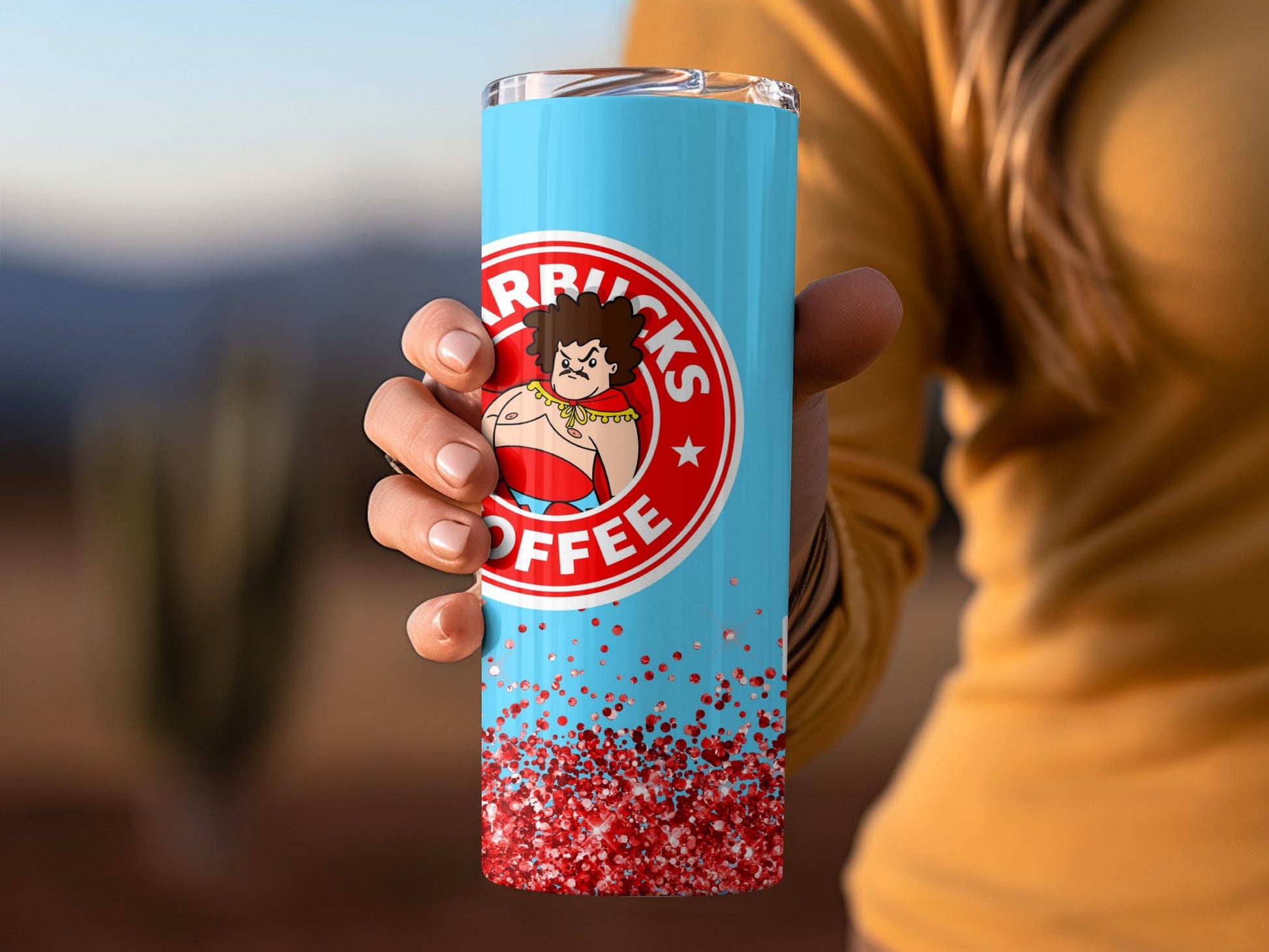 Funny Parody Coffee Themed Blue and Red Glitter Tumbler