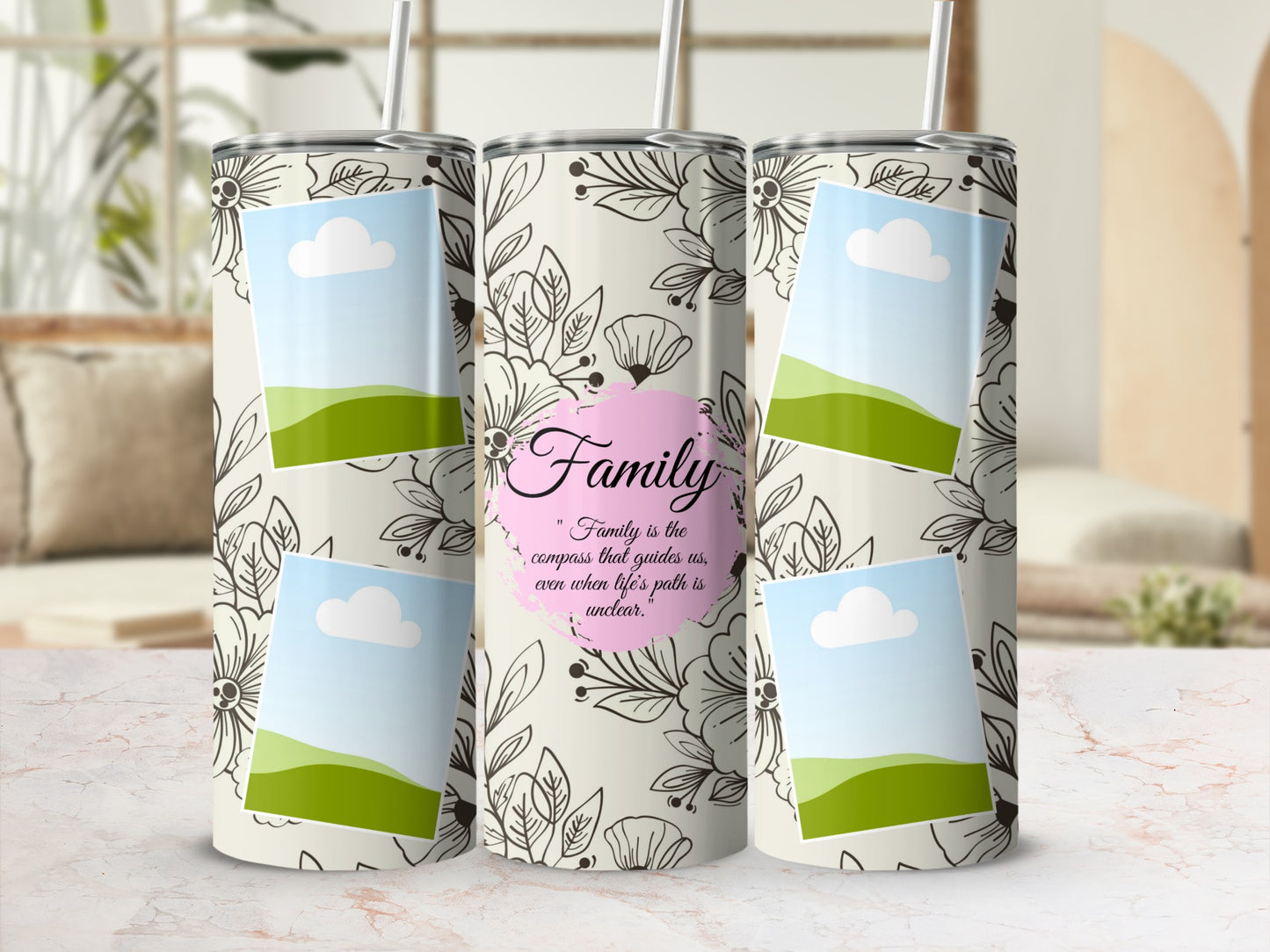 Floral tumbler with framed landscape photos and "Family" quote.