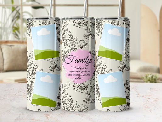Floral tumbler with framed landscape photos and "Family" quote.