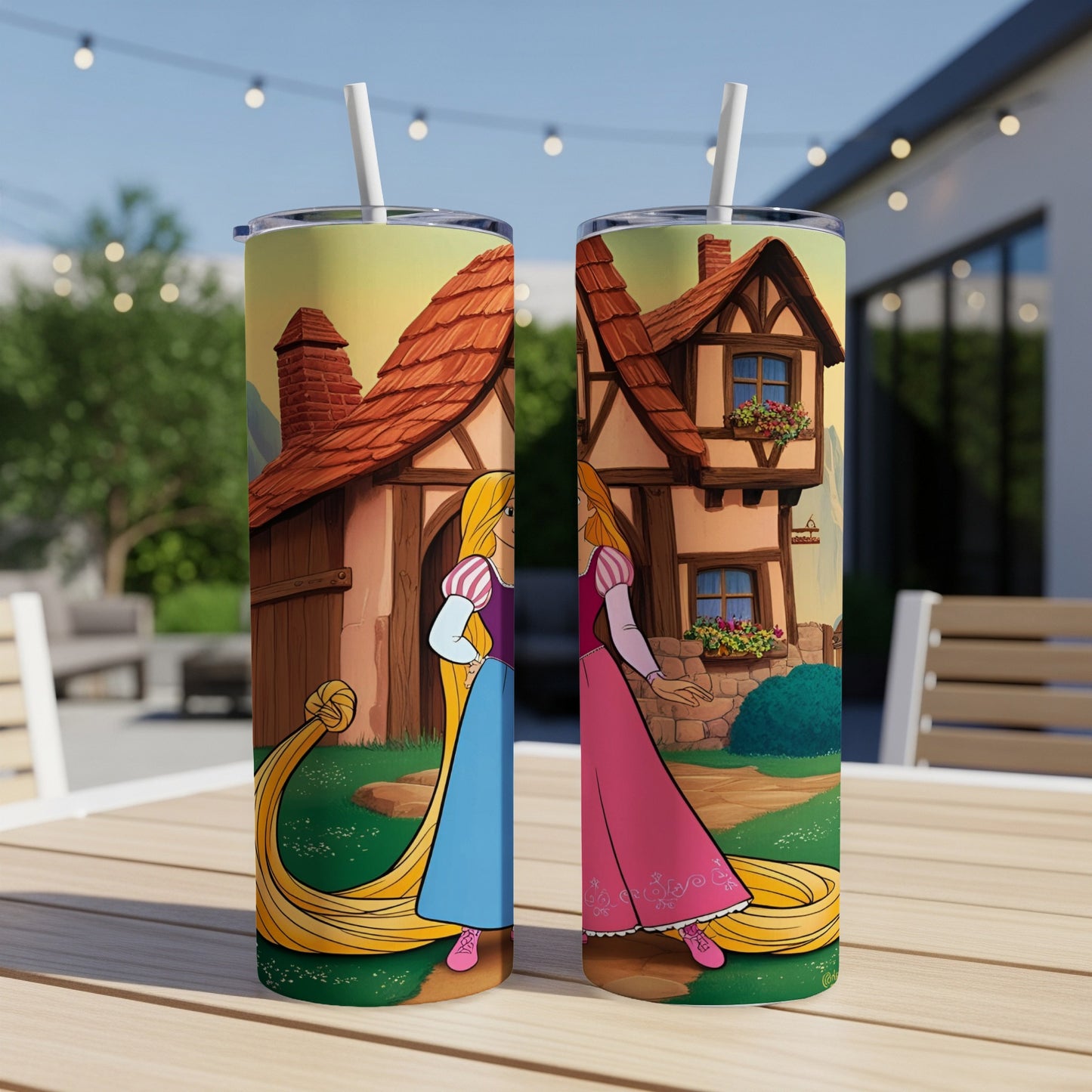 Two tall tumblers featuring Rapunzel with her long blonde hair against a cottage background.