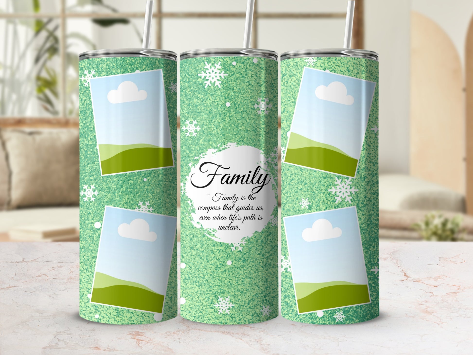 Green glitter tumbler with snowflakes, photo placeholders, and "Family is the compass" quote.