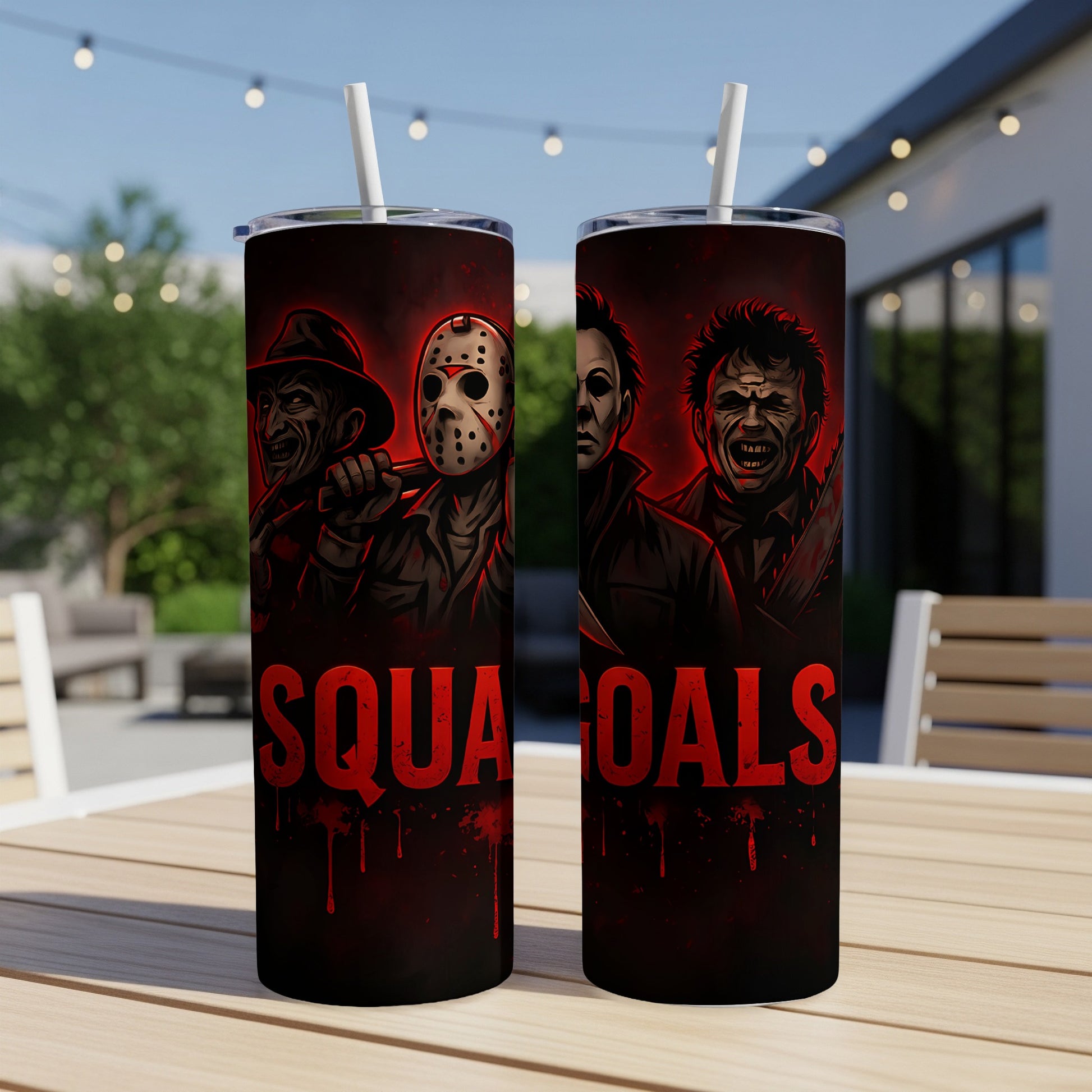 Two tumblers featuring horror movie villains and the text "SQUAD GOALS".