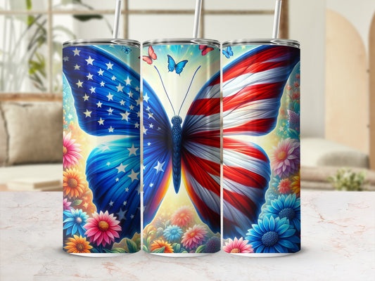American flag butterfly tumbler with colorful flowers and a straw.