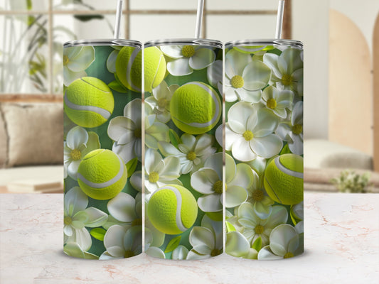 Three tumblers with a floral and tennis ball design.