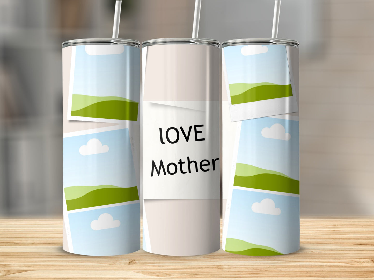 Three tumblers with stacked polaroid-style photo frames, one has "LOVE Mother" text.