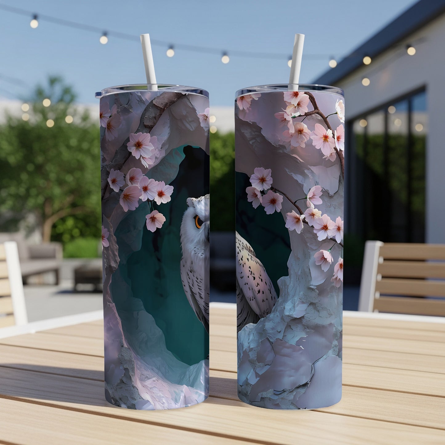 Two snow owls in a cave surrounded by cherry blossoms on tumblers.