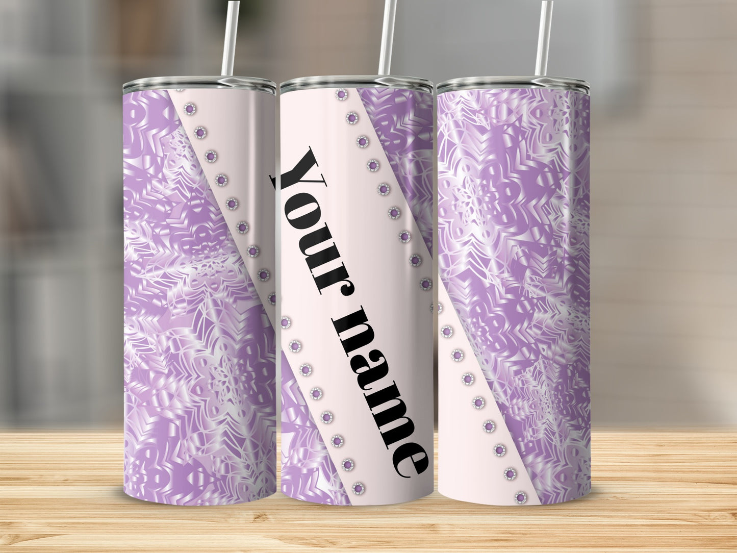 Personalized Purple Pattern Glitter Design Tumbler