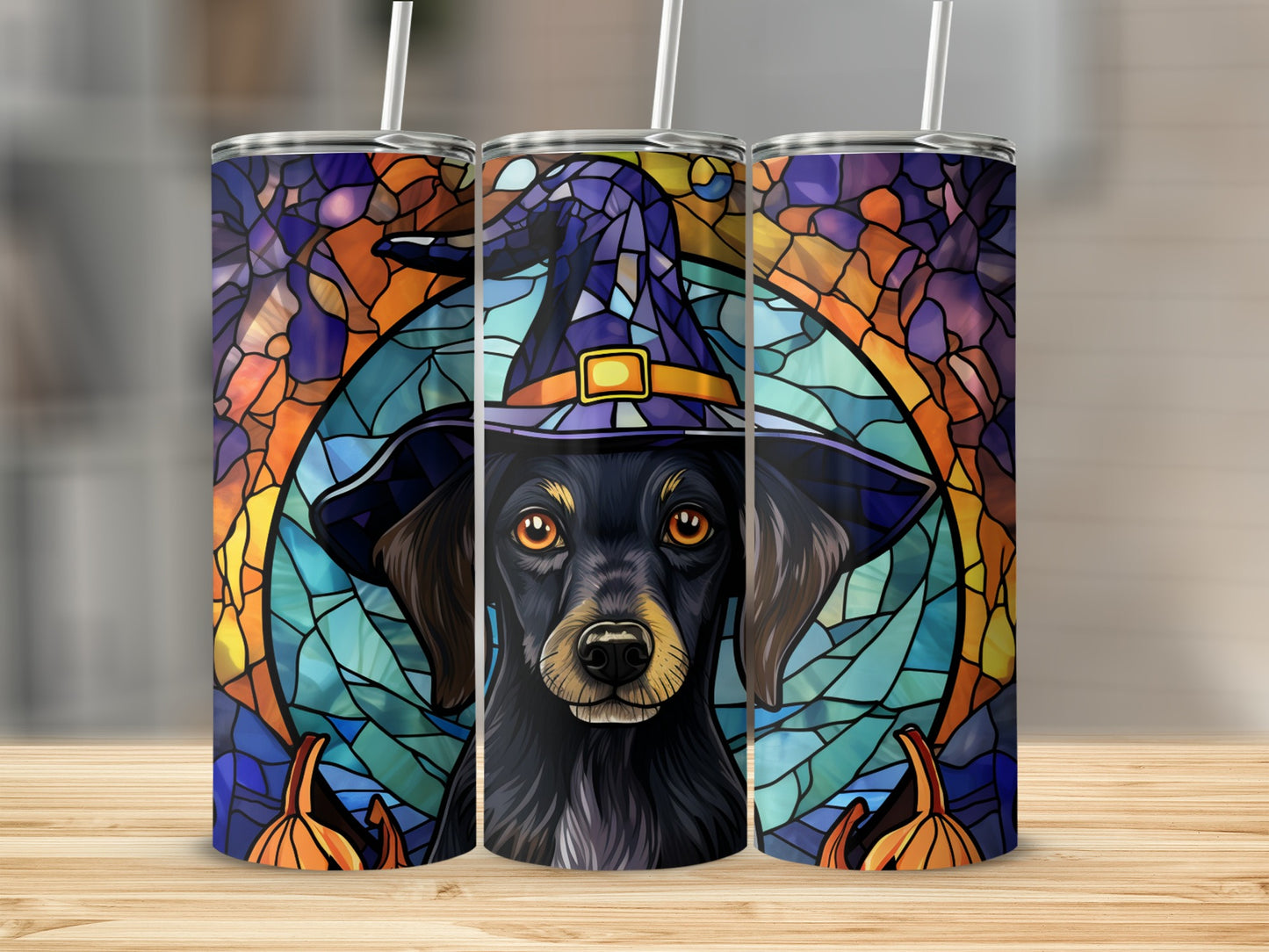 Dachshund wearing witch hat with stained glass background and pumpkins.