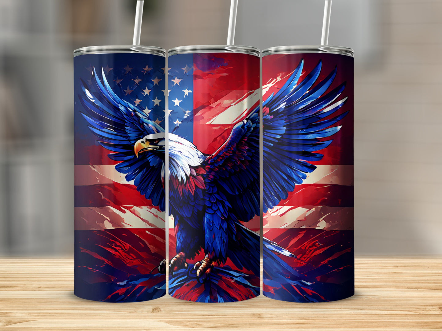 Eagle and American flag design on three tumblers.