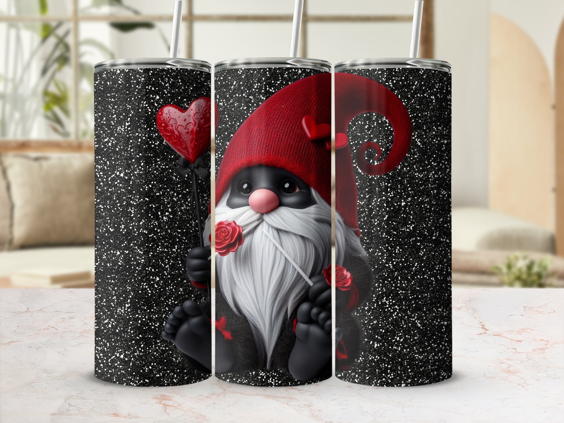 Cute Gnome with Heart and Roses Glitter Tumbler