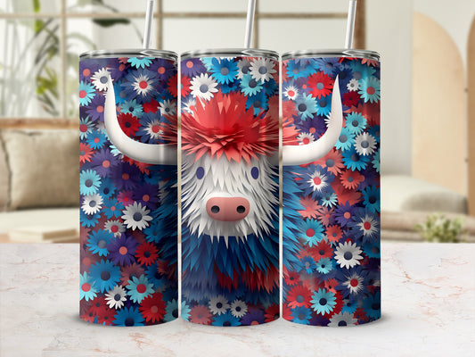 Three tumblers with a floral print and a highland cow design.