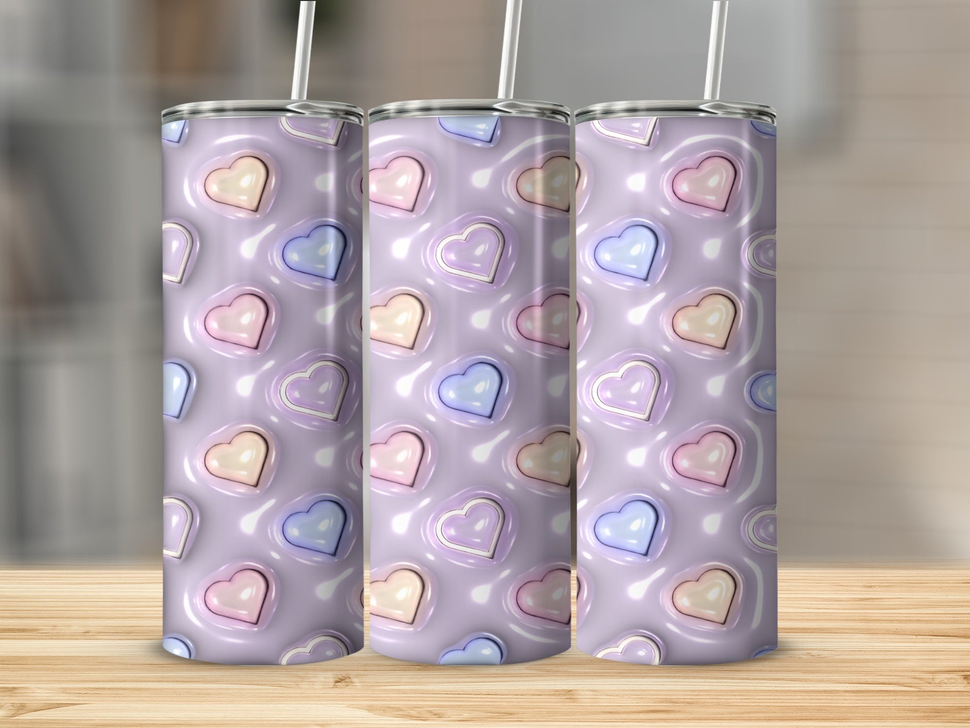 Pastel Heart Pattern Tumbler with Straw Drinkware