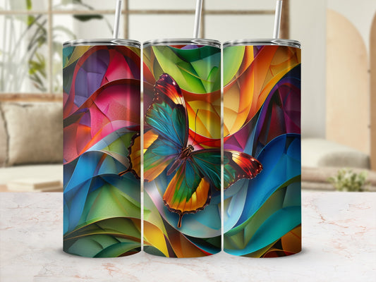 Three tumblers with a colorful abstract butterfly design.