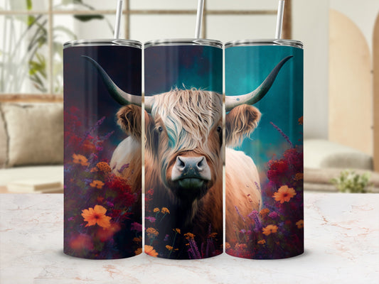 Highland cow design on three tumblers with floral accents.