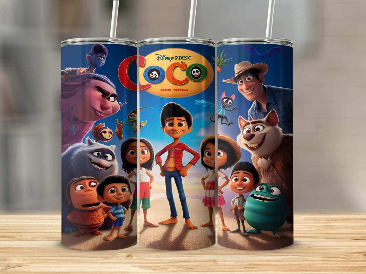 Coco movie characters on a tumbler with "Disney Pixar Coco" text.