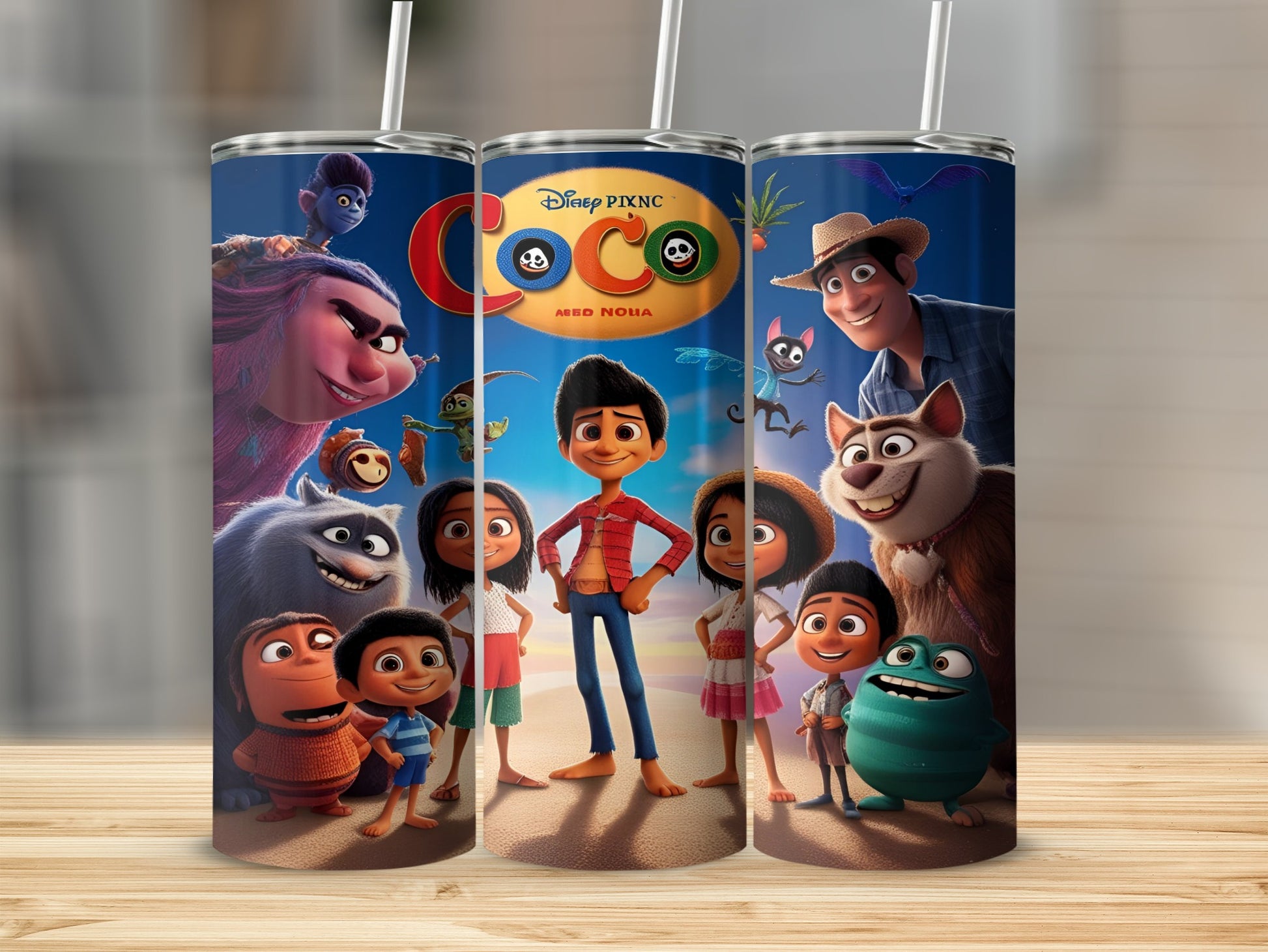 Coco movie characters on a tumbler with "Disney Pixar Coco" text.