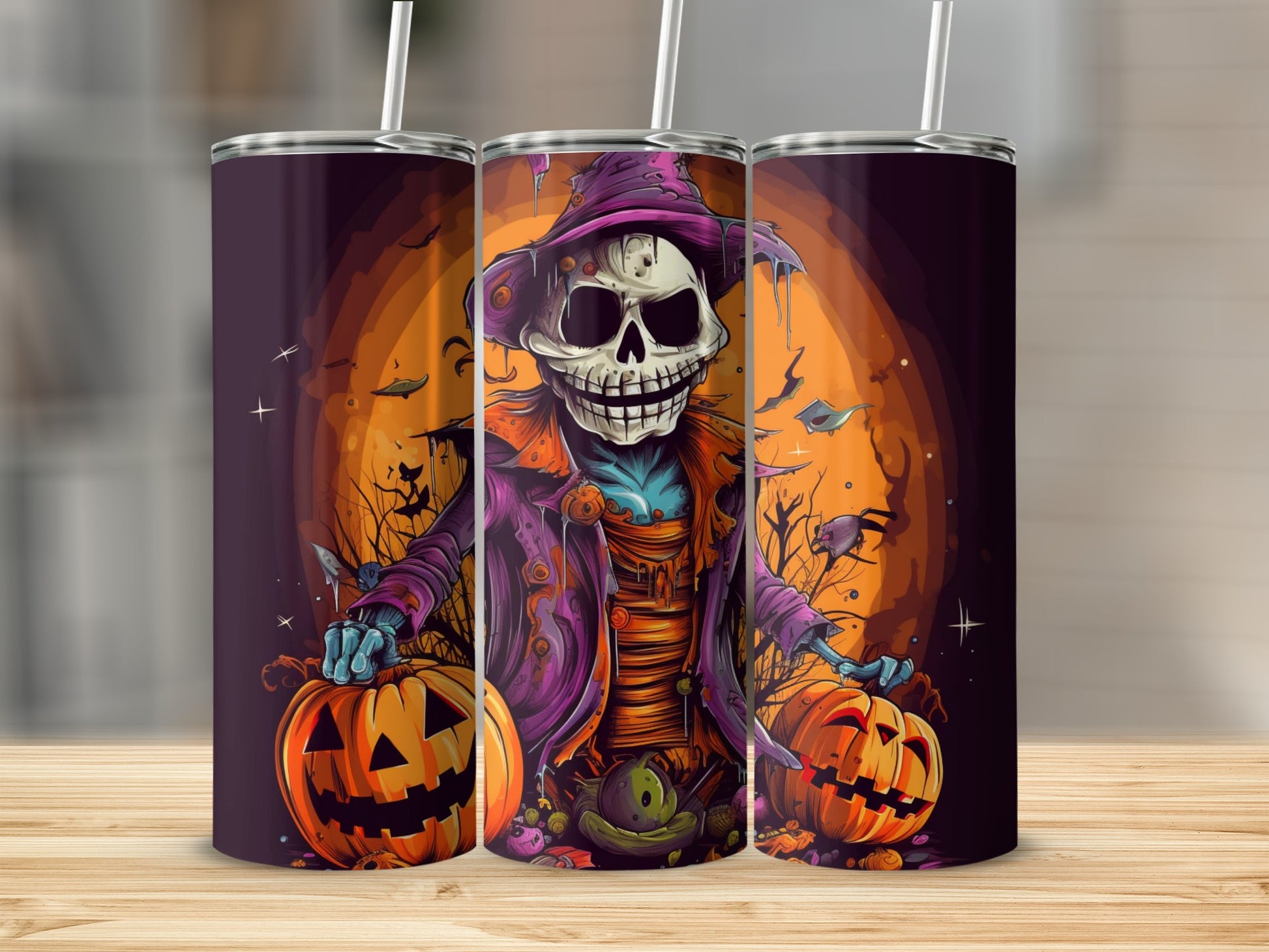Halloween tumbler featuring a skeleton in a witch hat with pumpkins and bats.