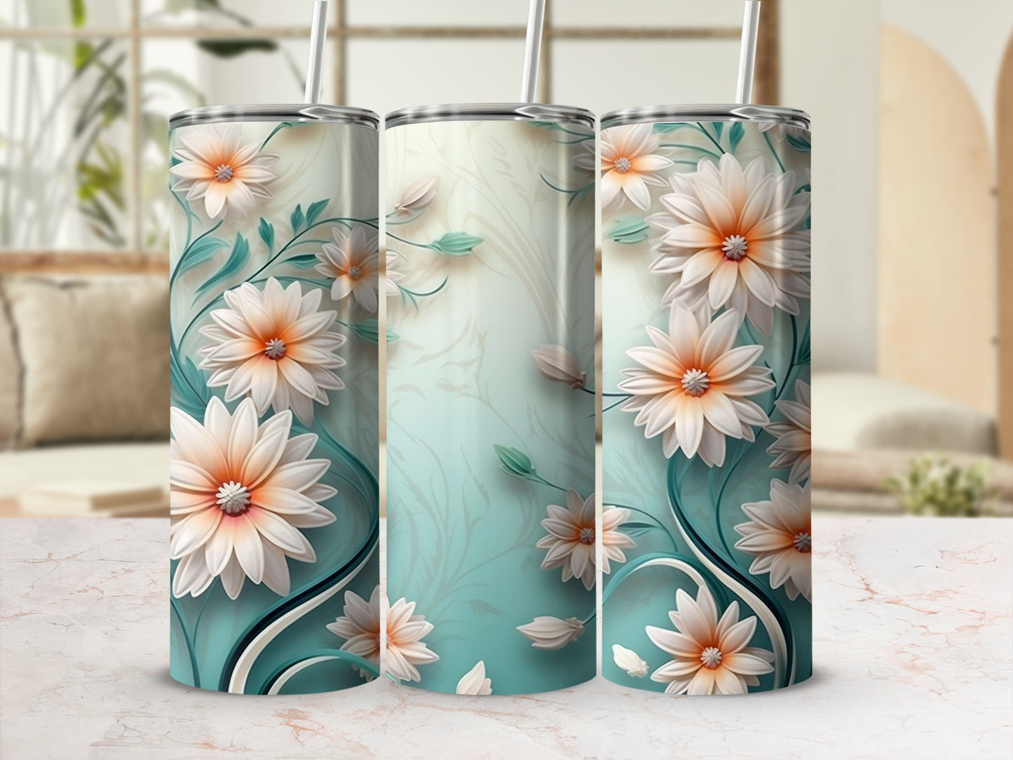 White Peach Floral Teal Green Design Tumbler product type