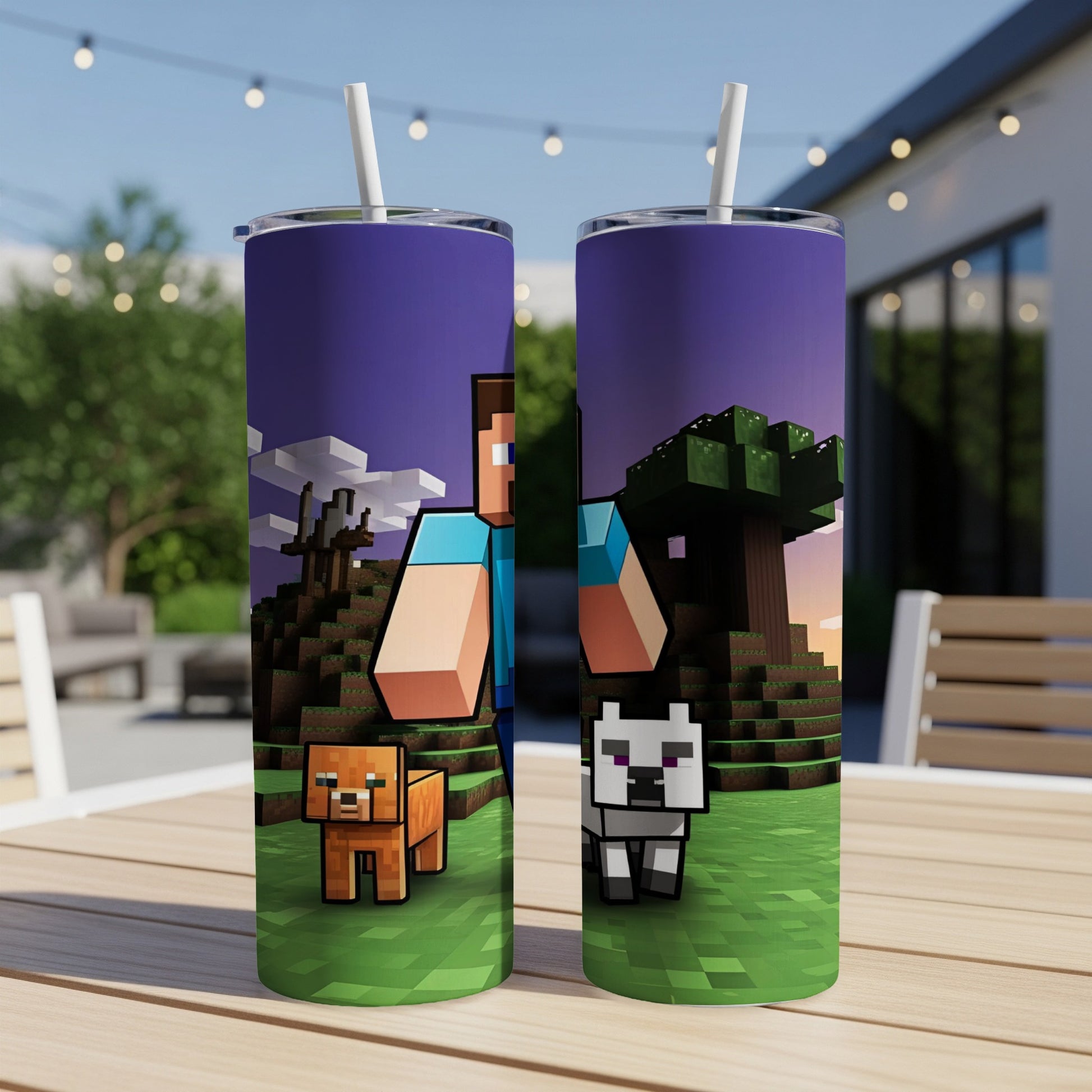 Minecraft characters Steve, dog, and wolf stand on grass with pixelated trees and sky.