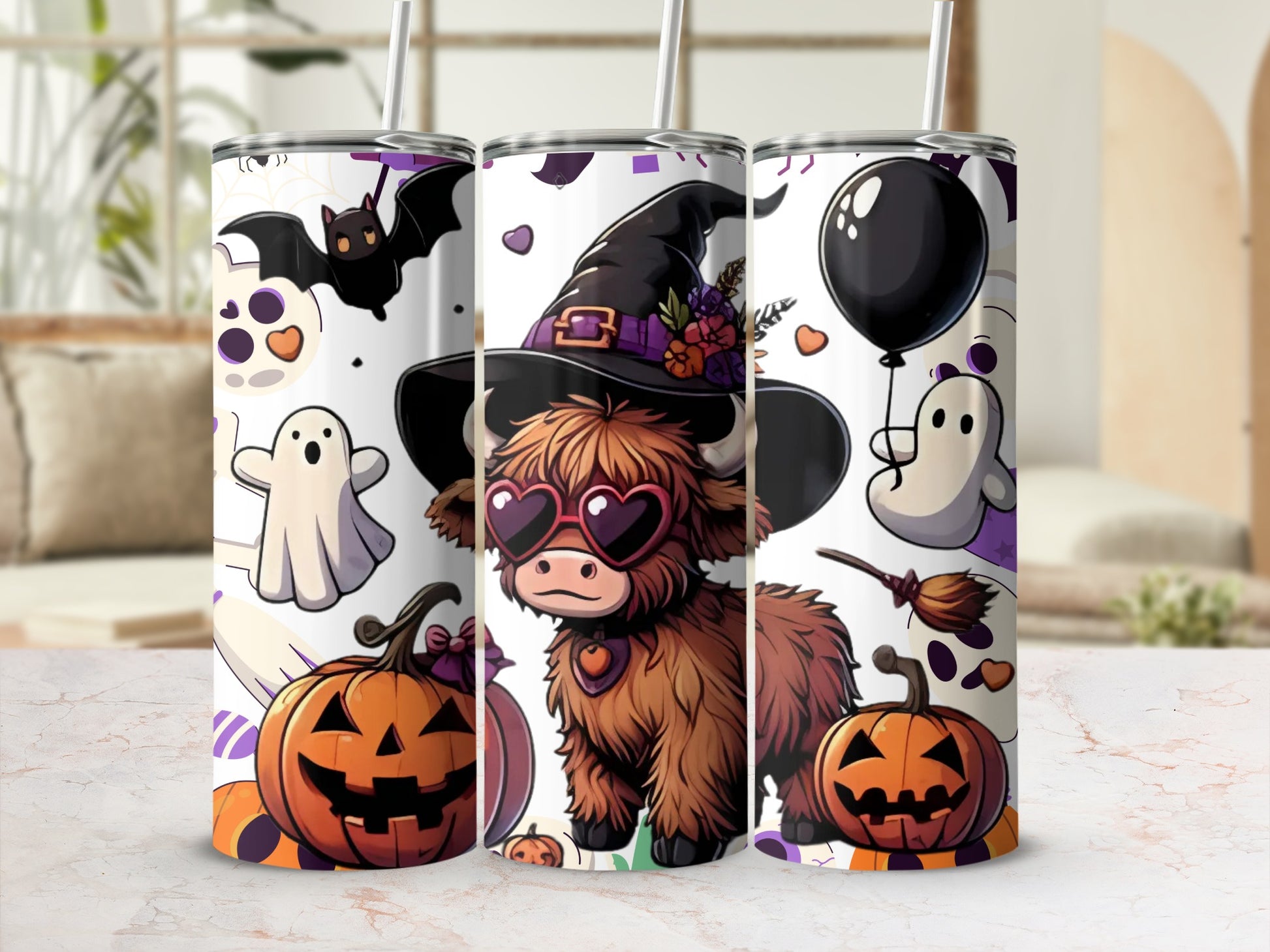 Halloween Themed Tumbler with Cute Cow and Ghosts Design
