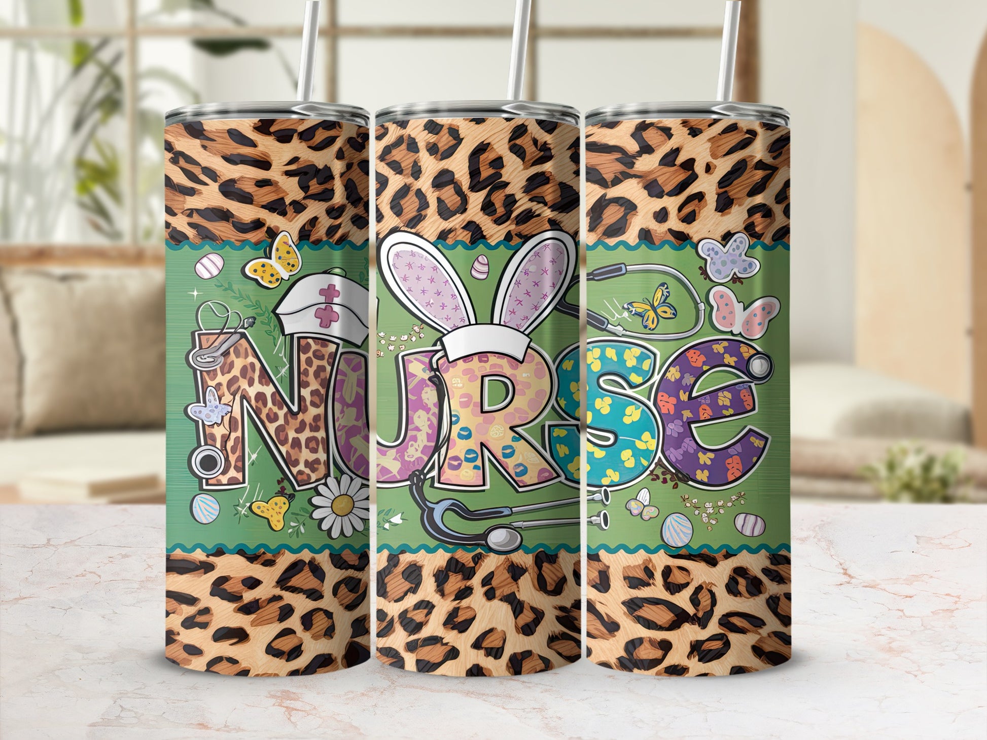 Tumbler with leopard print and "Nurse" text surrounded by butterflies and flowers.